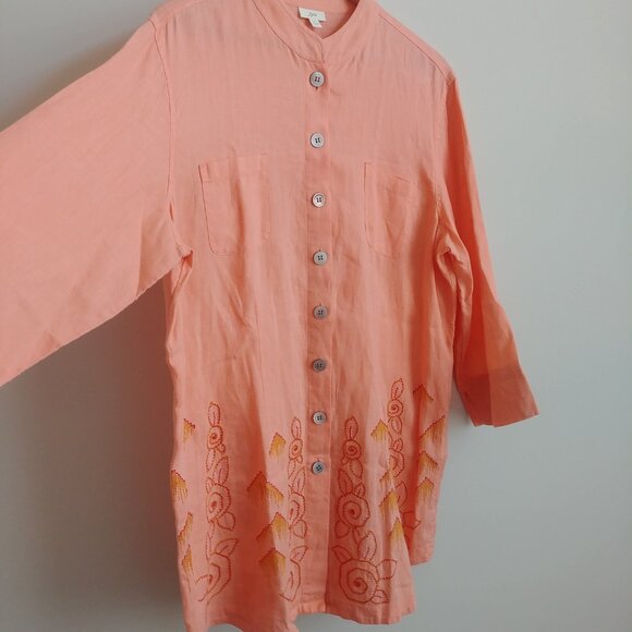 J Jill 100% linen soft orange cantaloupe embroidered tunic top button down Large - Picture 3 of 16